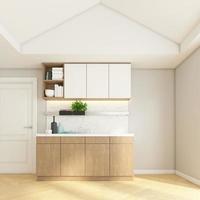 kitchenette com balcões embutidos e armário de madeira. renderização em 3D foto