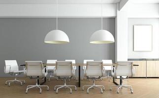 sala de reunião minimalista com arquivo de madeira e luminária suspensa, parede cinza e piso de madeira. renderização em 3D foto