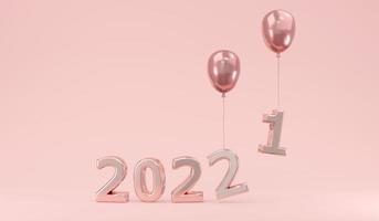 3d renderização 2022 decoração rosa mudando de 2021 para 2022 conceito de fundo de férias de ano novo feliz. ilustração de renderização 3D. foto