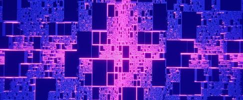 placa de circuito digital futurista com brilho neon. placa-mãe abstrata com renderização 3d cpu azul e energia elétrica roxa. ciberespaço de carregamento e processamento de dados globais foto