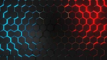 3D renderização de fundo de tecnologia abstrata de hexágono cinza escuro com iluminação brilhante colorida azul e vermelha sob o hexágono foto
