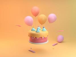 celebração de bolo de aniversário voador com conceito de cartão de saudação de balões doces renderização em 3d foto