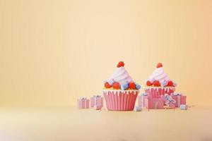 cupcake rosa com morango vermelho e doce marshmallow pastel e caixa de presente para dia dos namorados e celebração ilustração 3d foto