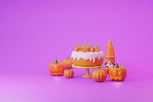 bolo de halloween com abóboras e gnomo fofo na ilustração 3d de fundo roxo foto