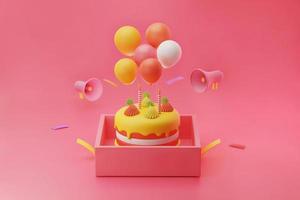 bolo de aniversário surpresa e aniversário com vela fofa na ilustração de decoração colorida de caixa de presente foto