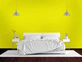 quarto principal minimalista com cama de casal contra parede amarela - renderização em 3d foto