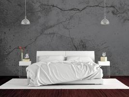 quarto principal minimalista com cama de casal contra parede de concreto escuro - renderização em 3d foto