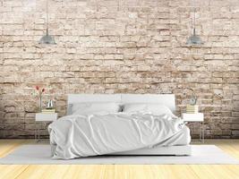 quarto principal minimalista com cama de casal contra parede de tijolos brancos - renderização em 3d foto