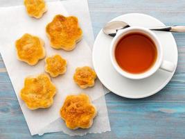 pequeno-almoço tradicional com uma chávena de chá e bolos doces. um prato de scones, uma caneca de chá, colher na mesa de madeira azul, vista superior, estilo rústico. foto