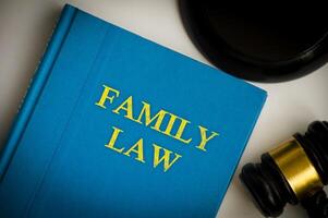 vista superior do livro de direito de família com martelo em fundo branco. foto