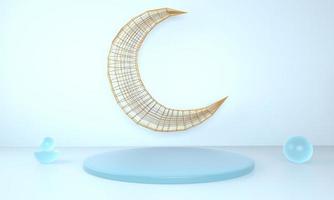 modelo de saudação ramadan kareem com lua. pódio, fique no fundo claro de férias para produtos publicitários - ilustração de renderização 3d para cartões, saudações. foto