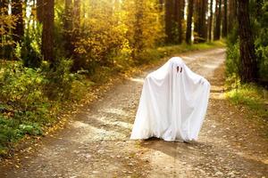 uma criança em lençóis com fendas como uma fantasia de fantasma em uma floresta de outono assusta e aterroriza. um pequeno fantasma gentil. festa de Halloween foto