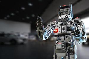 robô de gato para a indústria 4.0 3d render comunicação para pessoas conexão de fabricação cibernética na fábrica automatizar na automação de concessionária de carros futurista futuro brinquedo de gato inteligência 3d render