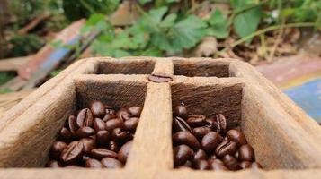 grãos de café em uma caixa de madeira de teca, fundo desfocado foto