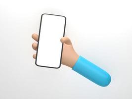 renderização 3D, ilustração 3D. mão dos desenhos animados segurando o smartphone móvel isolado no fundo branco. conceito online de tecnologia e aplicação foto