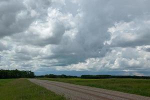 range road and farm land em saskatchewan, canadá. foto