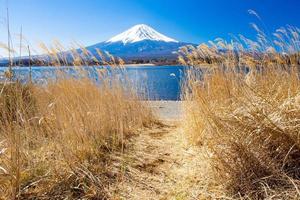 paisagem bela paisagem da montanha fuji e do lago kawaguchi em abril. Japão. foto