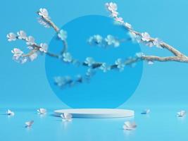 Pódios de exibição mínima 3D com flor de cerejeira ou sakura contra fundo azul. renderização 3D de apresentação realista para publicidade de produtos. ilustração 3D mínima.