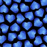 corações azuis brilhantes em um fundo preto. padrão sem emenda. ilustração em aquarela. amostra para design de embalagens, impressão em tecido, scrapbooking, cartões postais. foto