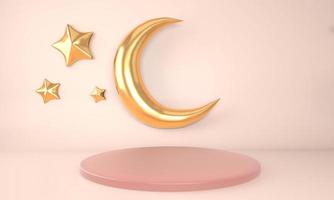 modelo de saudação ramadan kareem com lua. pódio, fique no fundo claro de férias para produtos publicitários - ilustração de renderização 3d para cartões, saudações. foto