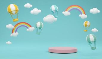 Exibição de pódio de suporte de produto de renderização 3d com balões de ar quente de nuvens de arco-íris e estrelas no fundo para o conceito de design comercial de pódio de arco-íris.