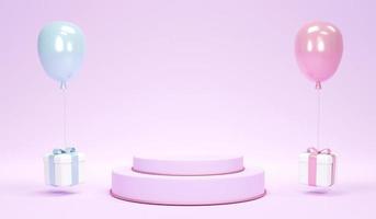 Conceito de renderização 3D de revelação de gênero, chá de bebê, festa de aniversário. balões pastel azuis e rosa e presente com fundo branco de pódio. renderização 3D. ilustração 3D. foto