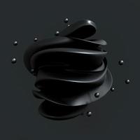 escultura 3d de arte abstrata com flor preta em linhas biológicas esféricas onduladas curva com pequena bola preta isolada em fundo cinza escuro, renderização em 3d