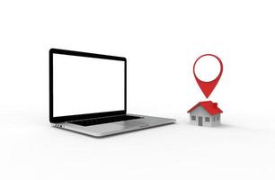 ícone de localização e casa colocar no laptop moderno isolado no fundo branco. ilustração 3D. foto