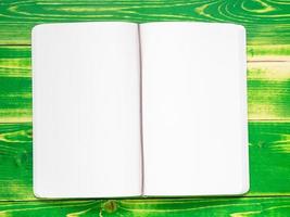 caderno aberto com duas páginas brancas, deitado sobre uma mesa de madeira verde brilhante, maquete foto