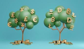 conceito de renderização 3D de comparação de moedas de dinheiro. árvore de moeda fiduciária e árvore de criptomoeda no fundo. renderização 3D. ilustração 3D. estilo de ideia mínima. foto