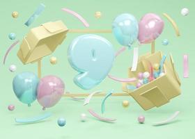 Conceito de renderização 3D de festa de aniversário feliz. aniversário número 9 explode da caixa de presente com balões e confetes sobre fundo verde. renderização 3D. ilustração 3D. modelo de design mínimo. foto
