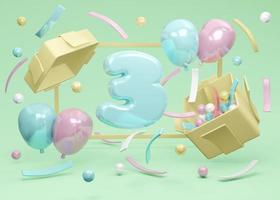 Conceito de renderização 3D de festa de aniversário feliz. aniversário número 3 explode da caixa de presente com balões e confetes sobre fundo verde. renderização 3D. ilustração 3D. modelo de design mínimo. foto