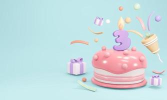 renderização 3D da festa do bolo de aniversário pastel com vela número 3 com espaço de cópia em fundo azul. ilustração de renderização 3D.
