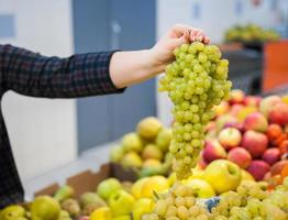 garota caucasiana comprando produtos alimentares de legumes frescos no mercado foto