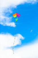 pipa colorida voando no fundo do vento céu azul