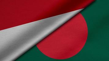 renderização 3D de duas bandeiras da república da indonésia e república popular do bangladesh juntamente com textura de tecido, relações bilaterais, paz e conflito entre países, ótimo para plano de fundo foto