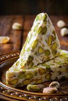 delícias turcas. sobremesa árabe com pistache na placa de madeira
