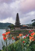 antigo templo puro ulun danu bratan com flor de laranjeira florescendo em bali foto