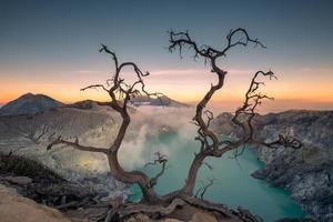 árvore seca na cratera do vulcão ativo com lago turquesa ao amanhecer foto