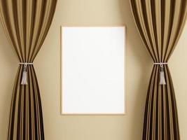 cartaz de madeira vertical minimalista ou maquete de moldura na parede entre a cortina. foto