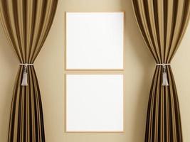 cartaz de madeira quadrado minimalista ou maquete de moldura na parede entre a cortina.