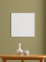 cartaz branco quadrado minimalista ou maquete de moldura na parede da sala de estar. renderização 3D. foto