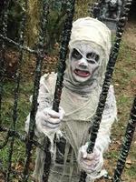 retrato de menino fantasiado vestido de halloween, cosplay de múmia assustadora na cerca do cemitério foto