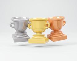 Conceito de renderização 3D do vencedor. conjunto de troféu em bronze prata ouro sobre fundo branco. renderização 3D. ilustração 3D. modelo de design mínimo. foto