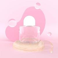 Renderização em 3d perfume mínimo skincare garrafa cosmética madeira pódio redondo palco flutuante cristal bolha bola de água forma abstrata rosa espaço em branco fundo anúncio de estúdio para o produto foto