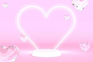 Anel brilhante da linha do coração de renderização 3D com bolha de coração flutuante vidro de cristal bola de água cena rosa palco de pódio redondo para perfume skincare produto cosmético estúdio de fundo de espaço em branco foto