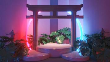 3d renderização de pódio branco torii gateway japonês no fundo do círculo de brilho de luz para produtos de natureza premium foto