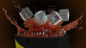 Gelo de renderização 3D em refrigerante com respingos de água para uso de produto premium em maquete de cinema inclui caminho de recorte para copo pode adicionar logotipo ou tex foto