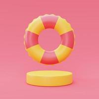 renderização 3D do anel de natação inflável com visor de pódio isolado no fundo rosa, conceito de férias de verão, elementos de verão, renderização minimalista de style.3d. foto