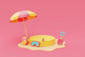 renderização 3D do conceito de férias de verão com guarda-chuva de praia e elementos de verão, renderização minimalista de style.3d. foto